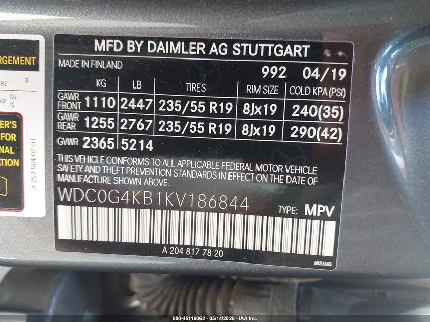 2019 Mercedes-benz Glc VIN WDC0G4KB1KV186844 IAAI salvage auction — BIO HAZARD, Salvage (South Carolina), sold $6,300 on 2026-07-08 (photo 9)