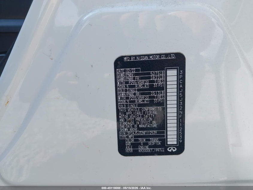 2022 Infiniti Qx55 VIN 3PCAJ5J32NF112539 IAAI salvage auction — FRONT END, Salvage (Idaho), sold $7,500 on 2026-08-18 (photo 9)