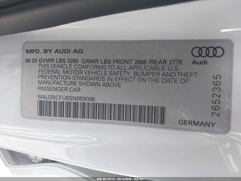 2025 Audi A5 VIN WAU2BCFU6SN069096 IAAI salvage auction — FRONT END, Salvage (New Jersey), sold $11,700 on 2026-08-20 (photo 9)