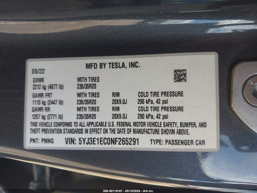 2022 Tesla Model 3 VIN 5YJ3E1EC0NF265291 IAAI salvage auction — FRONT END, Salvage (Pennsylvania), sold $10,000 on 2026-08-02 (photo 9)