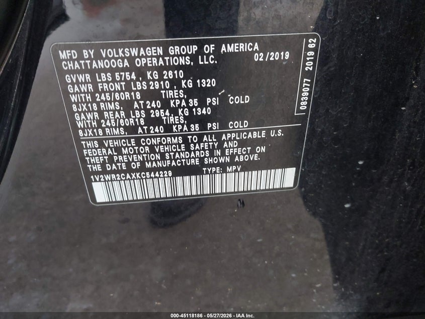 2019 Volkswagen Atlas VIN 1V2WR2CAXKC544229 IAAI salvage auction — REPOSSESSION, Salvage Title, sold $2,750 on 2026-07-27 (photo 9)