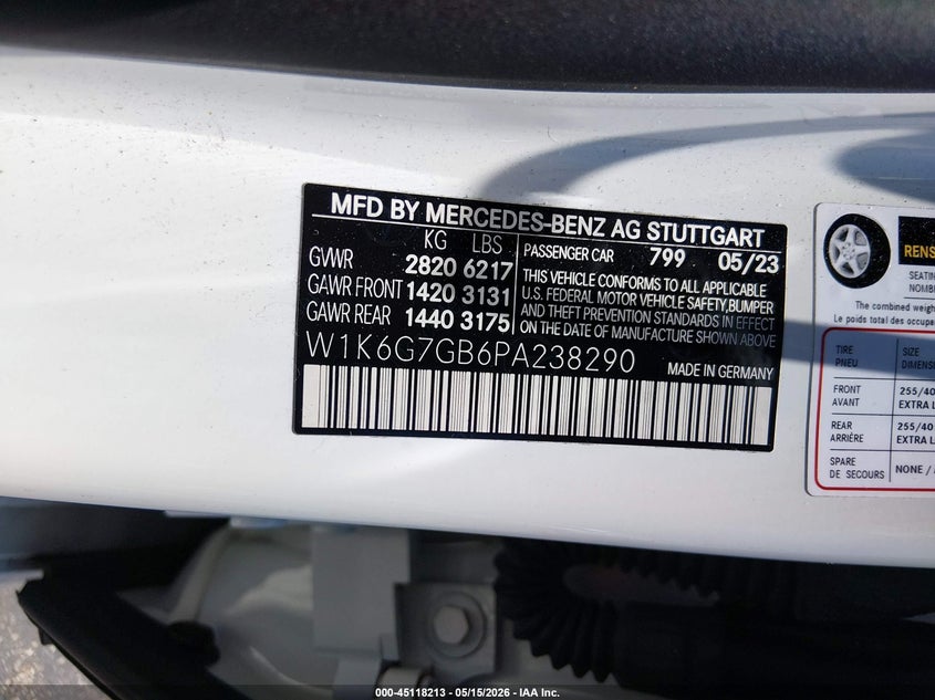 2023 Mercedes-benz S-klasse VIN W1K6G7GB6PA238290 IAAI salvage auction — FRONT END, Certificate Of Destruction (Florida), sold $25,800 on 2026-07-09 (photo 9)