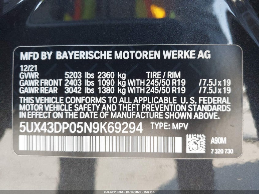 2022 BMW X3 VIN 5UX43DP05N9K69294 IAAI salvage auction — FRONT END, Salvage Title, sold $5,900 on 2026-07-29 (photo 9)