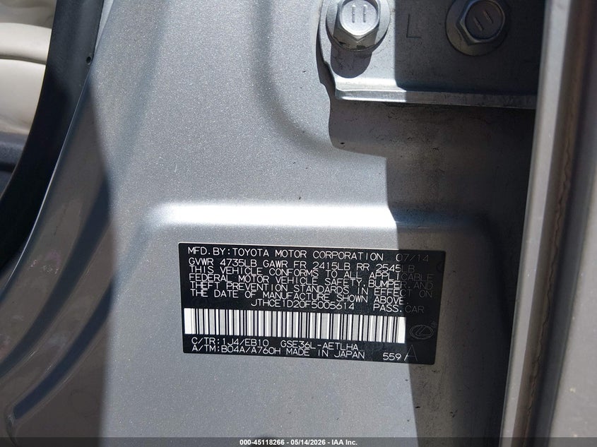 2015 Lexus Is VIN JTHCE1D20F5005614 IAAI salvage auction — FRONT END, Clear (Tennessee), sold $1,200 on 2026-07-09 (photo 9)