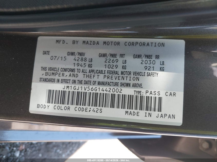 2016 Mazda 6 VIN JM1GJ1V56G1442002 IAAI salvage auction — FRONT END, Salvage (Georgia), sold $325 on 2026-07-31 (photo 9)