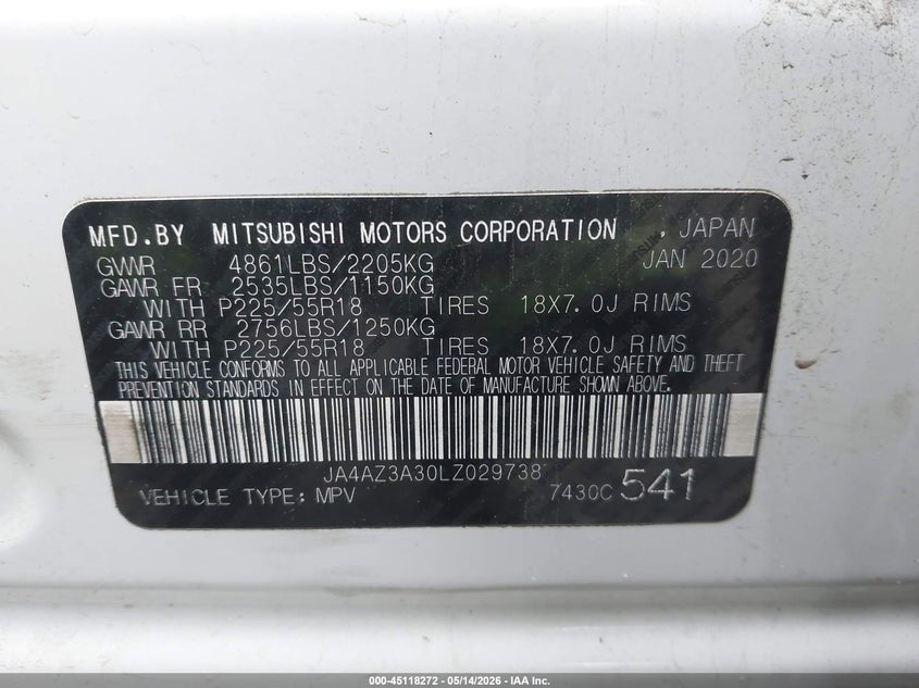 2020 Mitsubishi Outlander VIN JA4AZ3A30LZ029738 IAAI salvage auction — FRONT END, Salvage (Pennsylvania), sold $2,700 on 2026-07-17 (photo 9)