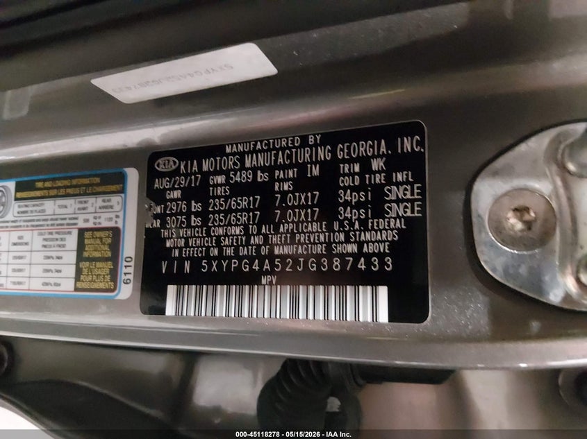 2018 Kia Sorento VIN 5XYPG4A52JG387433 IAAI salvage auction — REAR END, Salvage (Iowa), sold $3,875 on 2026-07-07 (photo 9)