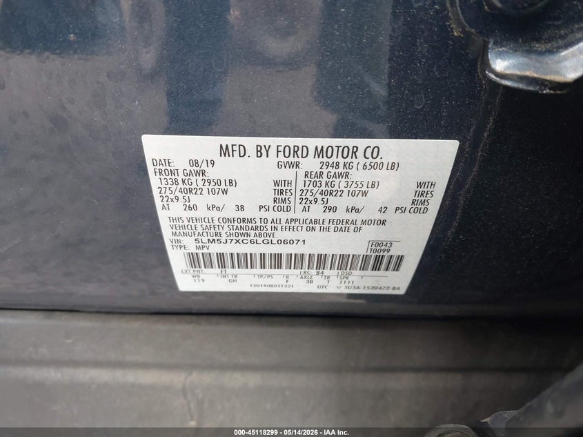 2020 Lincoln Aviator VIN 5LM5J7XC6LGL06071 IAAI salvage auction — SIDE, Salvage (Virginia), sold $7,000 on 2026-07-28 (photo 9)