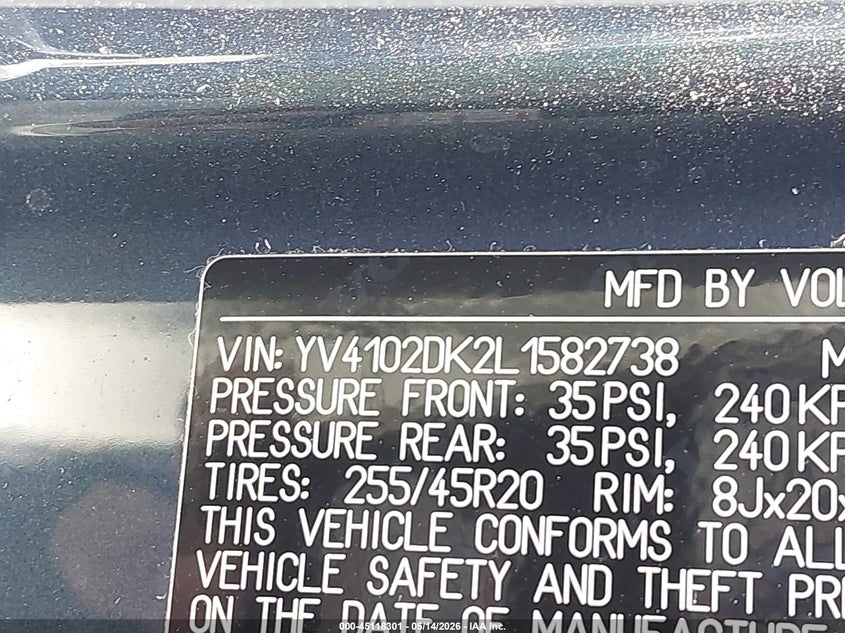 2020 Volvo Xc60 VIN YV4102DK2L1582738 IAAI salvage auction — FRONT END, Salvage (Texas), sold $7,500 on 2026-07-14 (photo 9)
