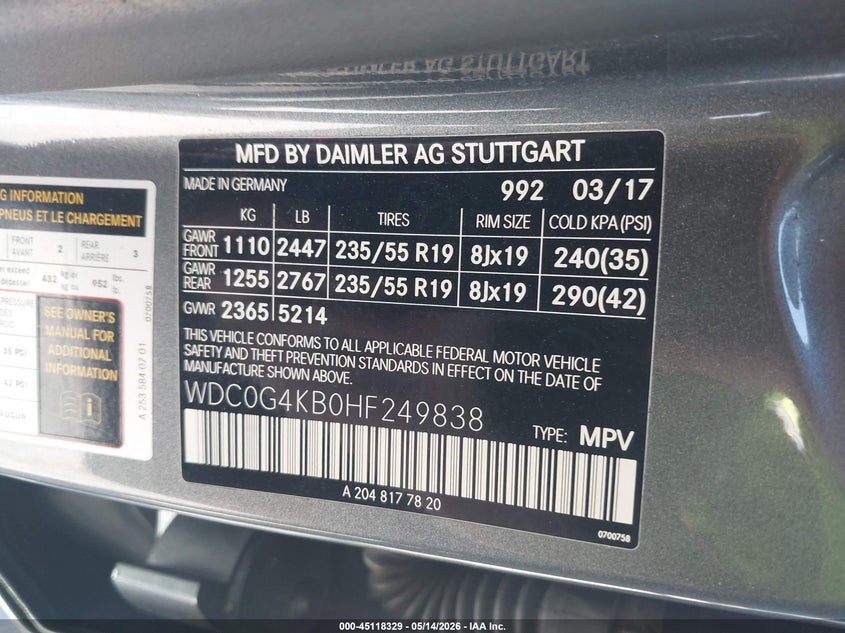 2017 Mercedes-benz Glc VIN WDC0G4KB0HF249838 IAAI salvage auction — REAR END, Salvage (Iowa), sold $6,750 on 2026-07-28 (photo 9)