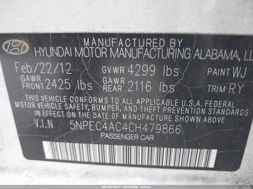 2012 Hyundai Sonata VIN 5NPEC4AC4CH479866 IAAI salvage auction — RIGHT FRONT, Rebuildable (Florida), sold $400 on 2026-07-14 (photo 9)