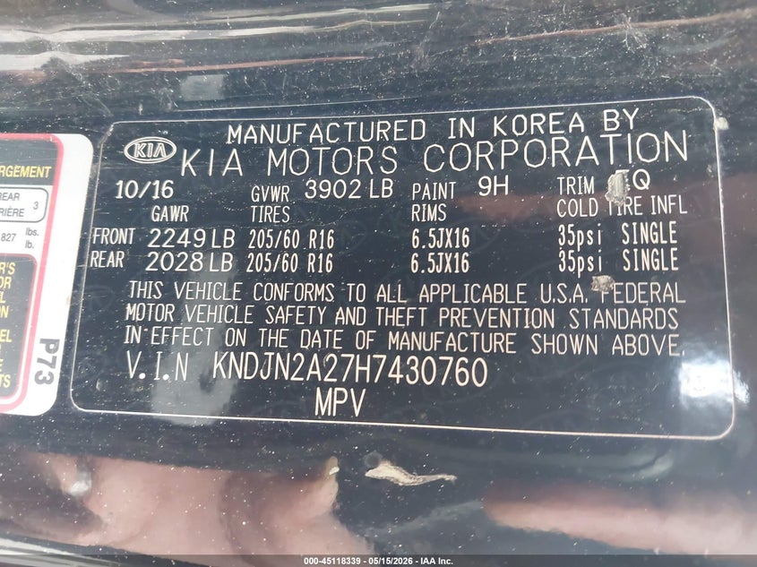 2017 Kia Soul VIN KNDJN2A27H7430760 IAAI salvage auction — FRONT & REAR, Mv-907A (New York), sold $525 on 2026-07-09 (photo 9)