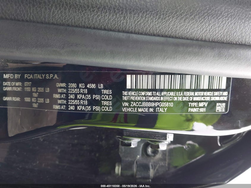 2017 Jeep Renegade VIN ZACCJBBB9HPG05810 IAAI salvage auction — HAIL, Salvage (Iowa), sold $3,750 on 2026-07-20 (photo 9)