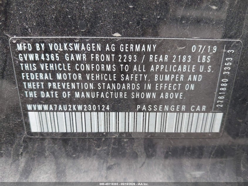 2019 Volkswagen Golf r VIN WVWWA7AU2KW230124 IAAI salvage auction — FRONT END, Salvage (Kansas), sold $13,250 on 2026-07-07 (photo 9)