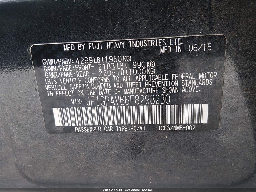 2015 Subaru Impreza VIN JF1GPAV66F8298230 IAAI salvage auction — FRONT END, Bill Of Sale (Washington), sold $675 on 2026-07-29 (photo 9)