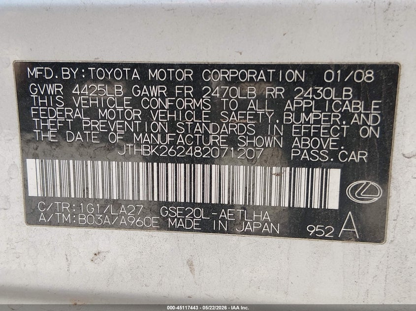 2008 Lexus Is VIN JTHBK262482071207 IAAI salvage auction — RIGHT FRONT, Clear - Dealer Only (California), sold $875 on 2026-07-17 (photo 9)