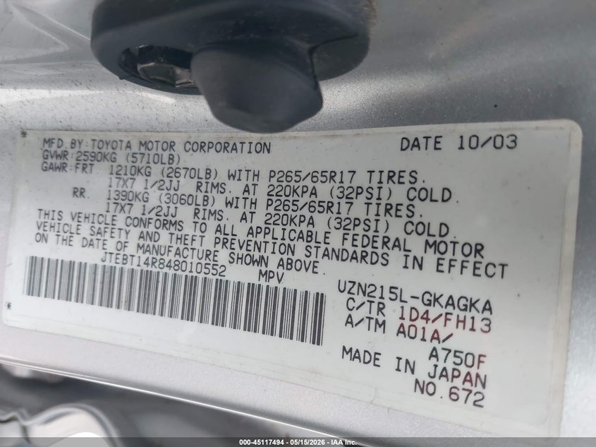 2004 Toyota 4runner VIN JTEBT14R848010552 IAAI salvage auction — NORMAL WEAR, Original (Ohio), sold $25 on 2026-07-21 (photo 9)