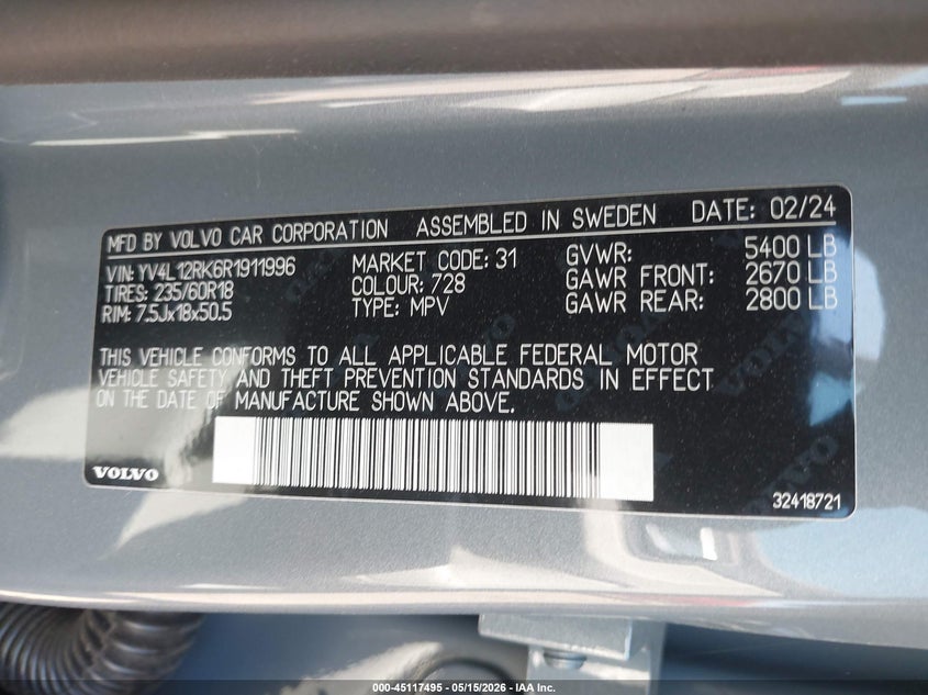 2024 Volvo Xc60 VIN YV4L12RK6R1911996 IAAI salvage auction — LEFT SIDE, Salvage (California), sold $5,750 on 2026-07-15 (photo 9)