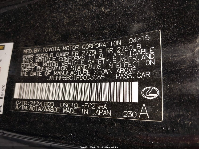 2015 Lexus Rc-f VIN JTHHP5BC1F5003065 IAAI salvage auction — THEFT, Clear (Colorado), sold $10,100 on 2026-07-21 (photo 9)