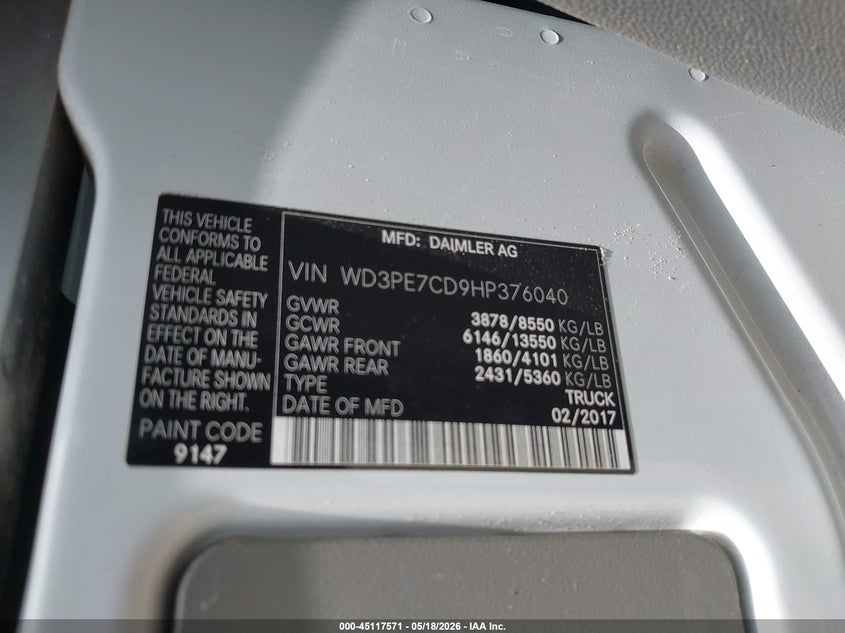 2017 Mercedes-benz Sprinter VIN WD3PE7CD9HP376040 IAAI salvage auction — THEFT, Clear (Colorado), sold $3,575 on 2026-07-20 (photo 9)