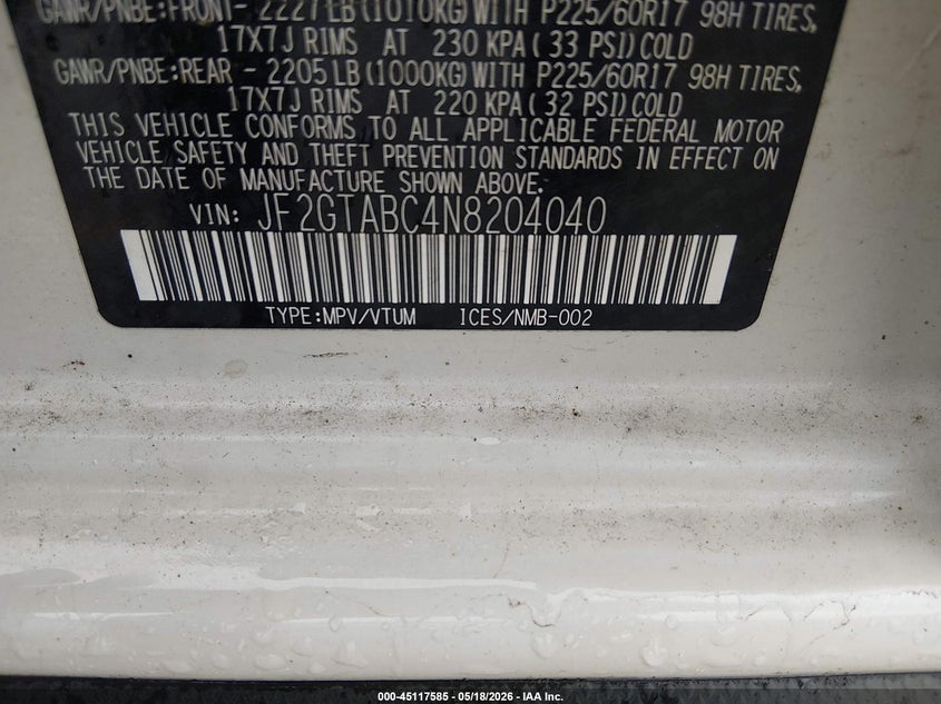 2022 Subaru Xv VIN JF2GTABC4N8204040 IAAI salvage auction — FRONT END, Salvage (Colorado), sold $4,225 on 2026-07-07 (photo 9)