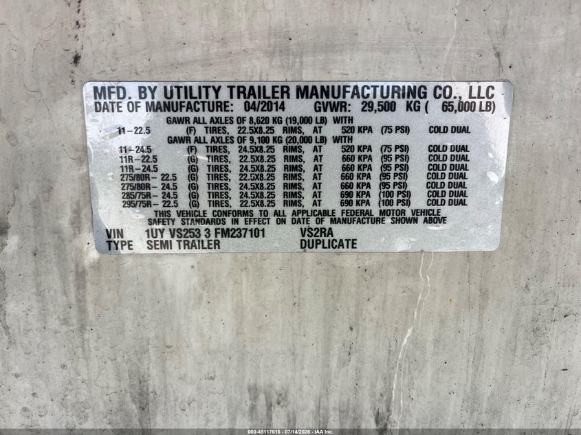 2015 Utility trailer mfg Trailer VIN 1UYVS2533FM237101 IAAI salvage auction — NORMAL WEAR, Original (Maine), sold $25 on 2026-07-29 (photo 8)