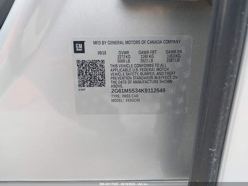 2019 Cadillac Xts VIN 2G61M5S34K9112549 IAAI salvage auction — NORMAL WEAR, Repossession Paperwork (South Carolina), sold $12,650 on 2026-07-14 (photo 9)