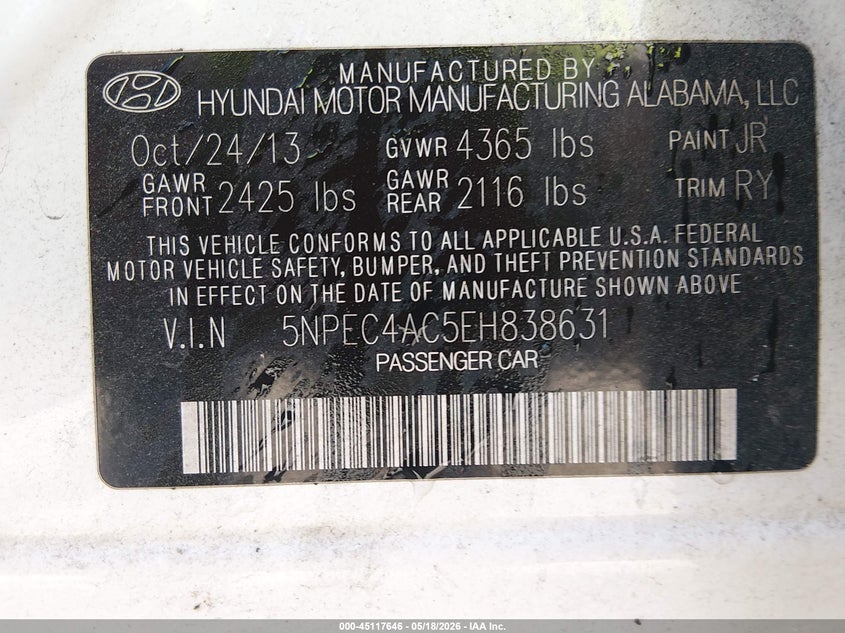 2014 Hyundai Sonata VIN 5NPEC4AC5EH838631 IAAI salvage auction — NORMAL WEAR, Clear (Alabama), sold $1,150 on 2026-07-06 (photo 9)