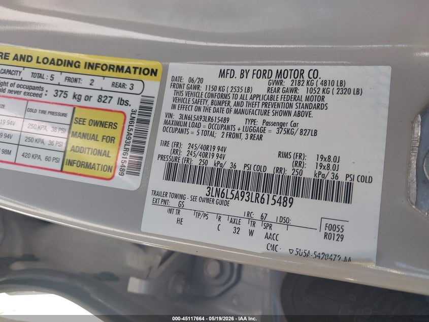 2020 Lincoln Mkz VIN 3LN6L5A93LR615489 IAAI salvage auction — FRONT END, Salvage (Texas), sold $875 on 2026-07-31 (photo 9)