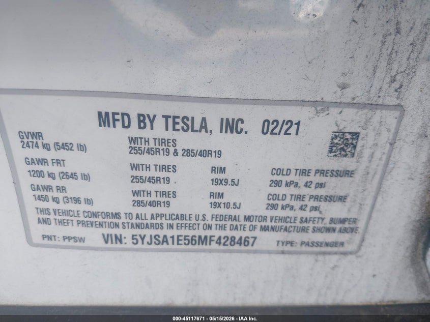 2021 Tesla Model s VIN 5YJSA1E56MF428467 IAAI salvage auction — REPOSSESSION, Clear (Georgia), sold $17,100 on 2026-07-15 (photo 9)