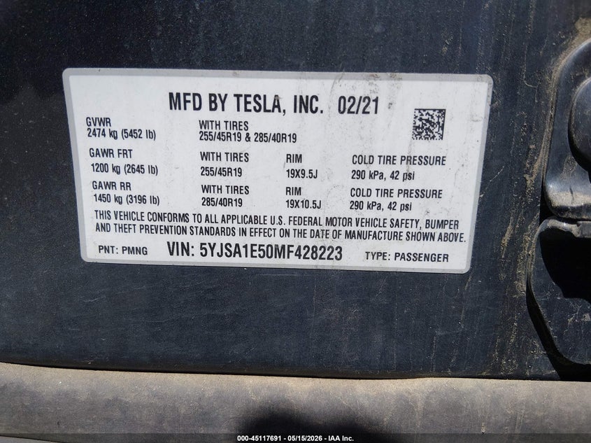 2021 Tesla Model s VIN 5YJSA1E50MF428223 IAAI salvage auction — FRONT END, Clear (Colorado), sold $16,500 on 2026-07-21 (photo 9)