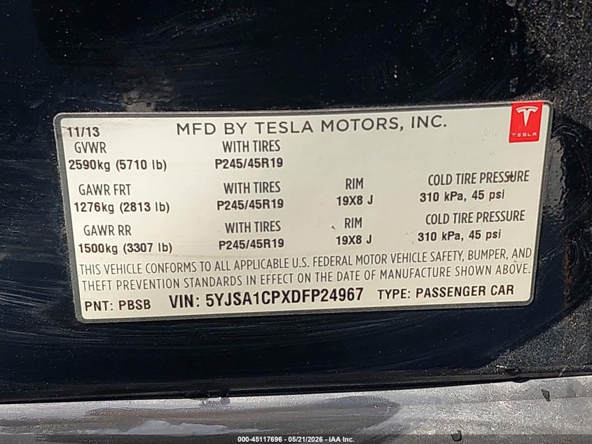 2013 Tesla Model s VIN 5YJSA1CPXDFP24967 IAAI salvage auction — FRONT END, Clear (Montana), sold $2,800 on 2026-07-22 (photo 9)