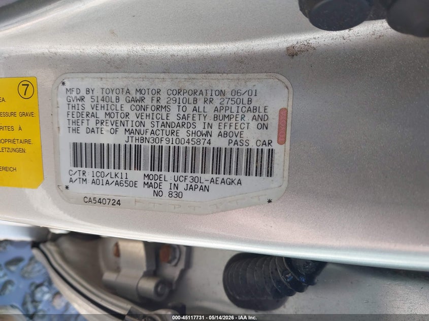 2001 Lexus Ls 430 VIN JTHBN30F910045874 IAAI salvage auction — RIGHT FRONT, Repossession Paperwork (Georgia), sold $900 on 2026-07-17 (photo 9)