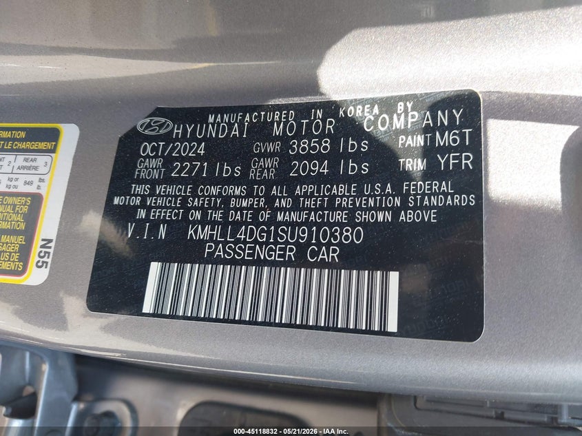 2025 Hyundai Elantra VIN KMHLL4DG1SU910380 IAAI salvage auction — ROLLOVER, Salvage (South Carolina), sold $775 on 2026-07-29 (photo 9)