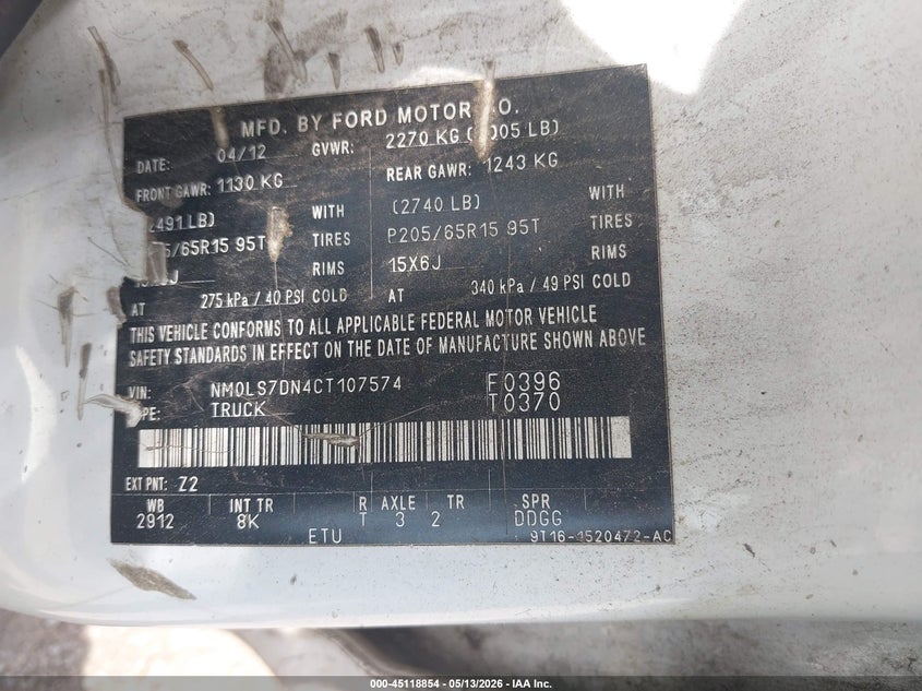 2012 Ford Transit VIN NM0LS7DN4CT107574 IAAI salvage auction — NORMAL WEAR, Clear (New York), sold $500 on 2026-07-07 (photo 9)