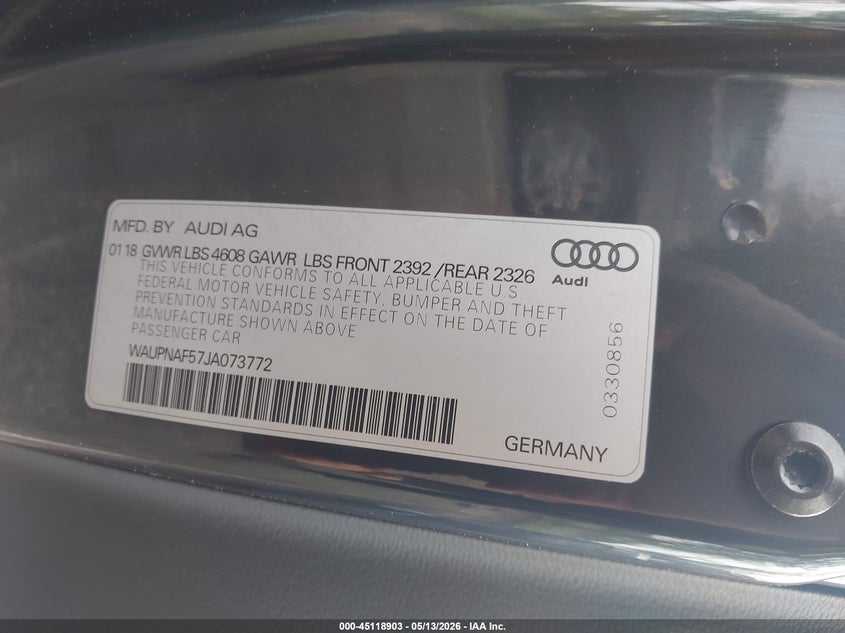 2018 Audi A5 VIN WAUPNAF57JA073772 IAAI salvage auction — FRONT & REAR, Salvage (New Jersey), sold $5,400 on 2026-07-20 (photo 9)