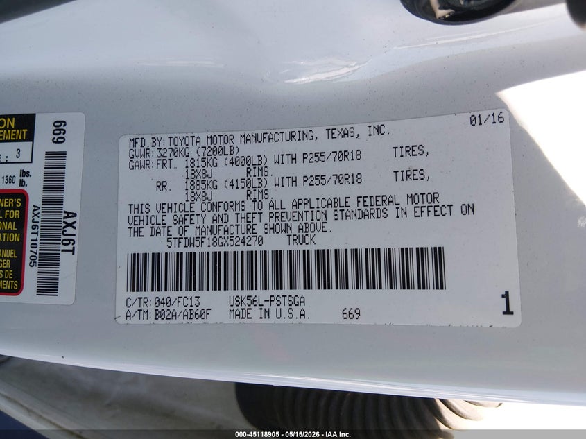 2016 Toyota Tundra VIN 5TFDW5F18GX524270 IAAI salvage auction — SIDE, Salvage (North Carolina), sold $6,000 on 2026-07-15 (photo 9)