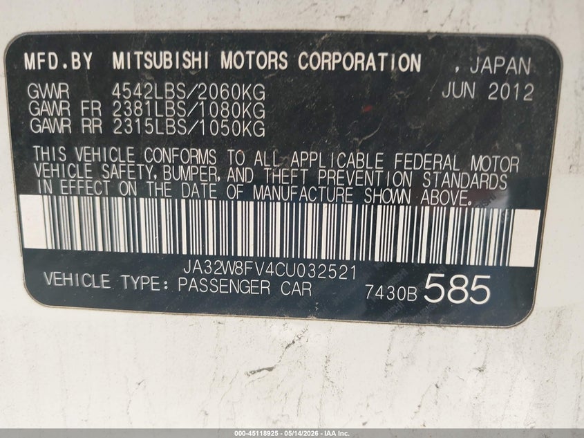 2012 Mitsubishi Lancer evolution VIN JA32W8FV4CU032521 IAAI salvage auction — FRONT & REAR, Junk Bill Of Sale Mv2459 (Wisconsin), sold $1,525 on 2026-07-09 (photo 9)