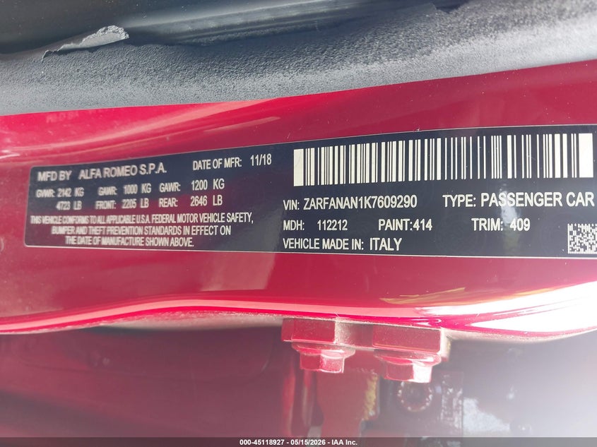 2019 Alfa romeo Giulia VIN ZARFANAN1K7609290 IAAI salvage auction — NORMAL WEAR, Clear (Pennsylvania), sold $1,900 on 2026-07-14 (photo 9)