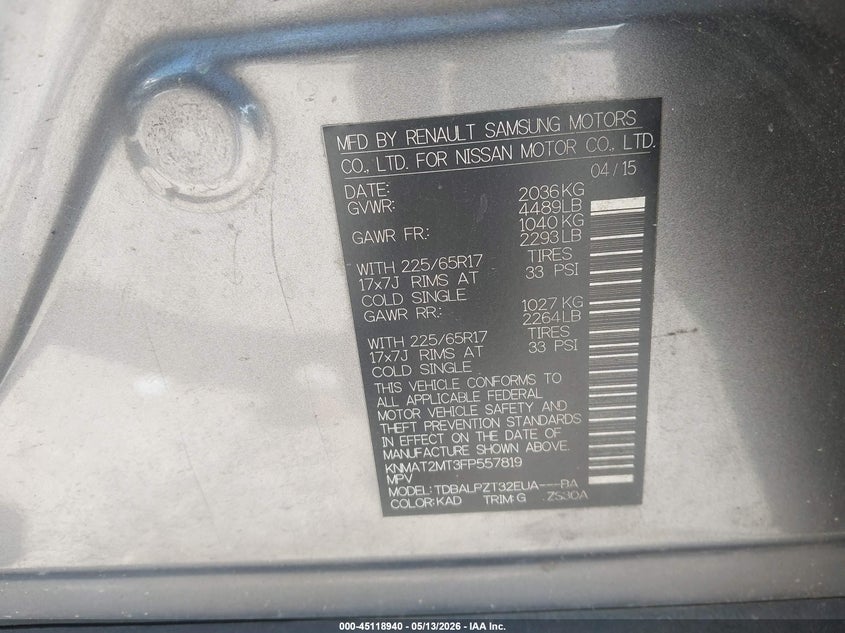 2015 Nissan Rogue VIN KNMAT2MT3FP557819 IAAI salvage auction — FRONT END, Salvage (Georgia), sold $300 on 2026-07-15 (photo 9)