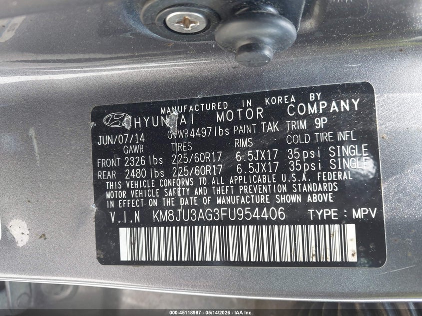 2015 Hyundai Tucson VIN KM8JU3AG3FU954406 IAAI salvage auction — FRONT & REAR, Salvage (New Jersey), sold $1,325 on 2026-07-06 (photo 9)