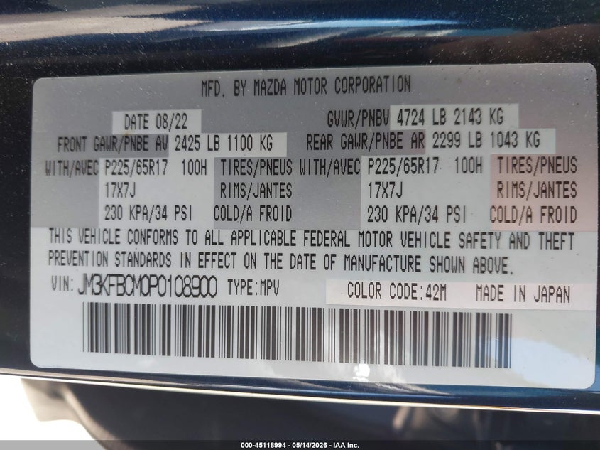 2023 Mazda Cx-5 VIN JM3KFBCM0P0108900 IAAI salvage auction — REAR END, Rebuildable (Florida), sold $6,150 on 2026-07-16 (photo 9)