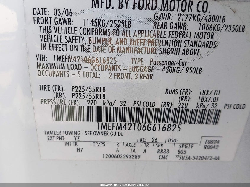 2006 Mercury Montego VIN 1MEFM42106G616825 IAAI salvage auction — NORMAL WEAR, Clear (North Carolina), sold $450 on 2026-07-08 (photo 9)