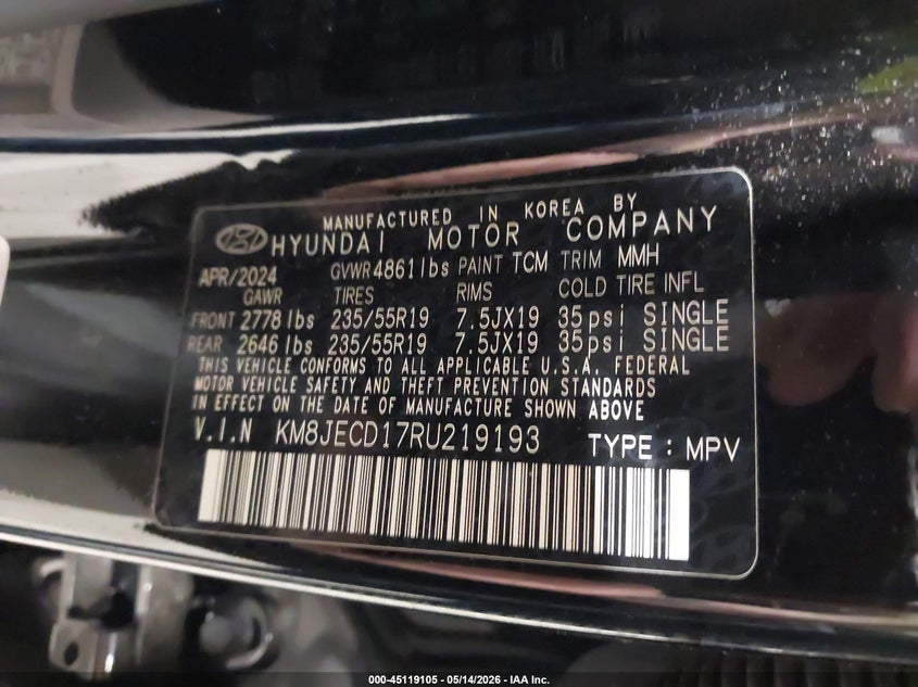 2024 Hyundai Tucson VIN KM8JECD17RU219193 IAAI salvage auction — ROLLOVER, Mv-907A (New York), sold $2,650 on 2026-07-15 (photo 9)