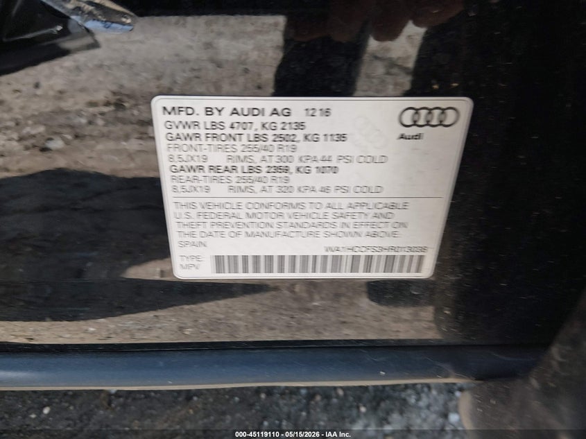 2017 Audi Q3 VIN WA1HCCFS3HR013038 IAAI salvage auction — RIGHT SIDE, Salvage (Texas), sold $350 on 2026-07-28 (photo 9)
