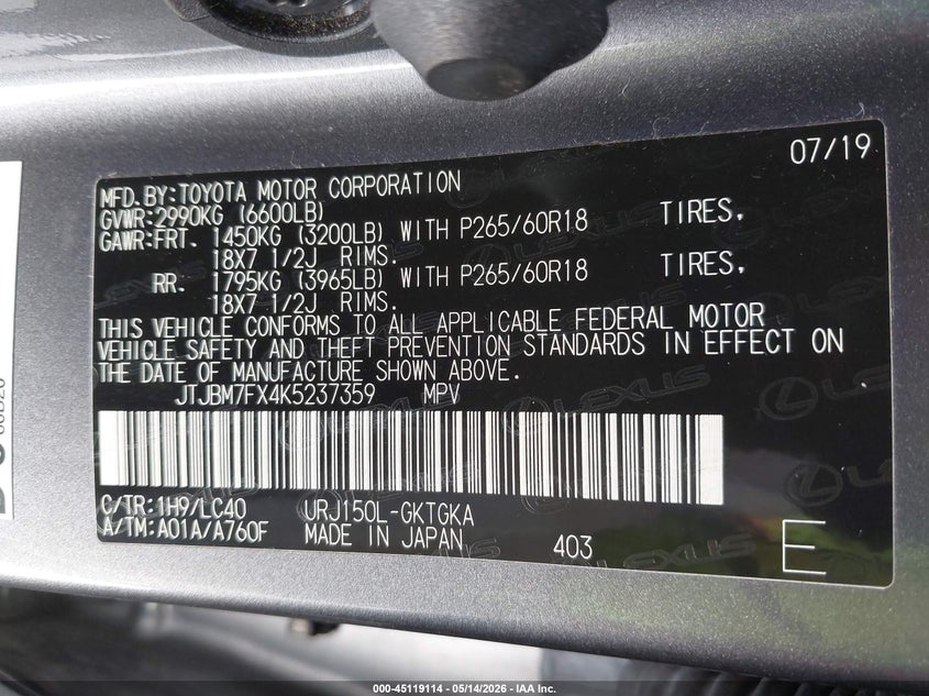 2019 Lexus Gx VIN JTJBM7FX4K5237359 IAAI salvage auction — RIGHT FRONT, Original (Texas), sold $16,800 on 2026-07-29 (photo 9)