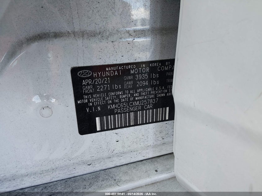 2021 Hyundai Ioniq VIN KMHC65LCXMU257837 IAAI salvage auction — LEFT FRONT, Certificate Of Destruction (Florida), sold $3,600 on 2026-07-10 (photo 9)