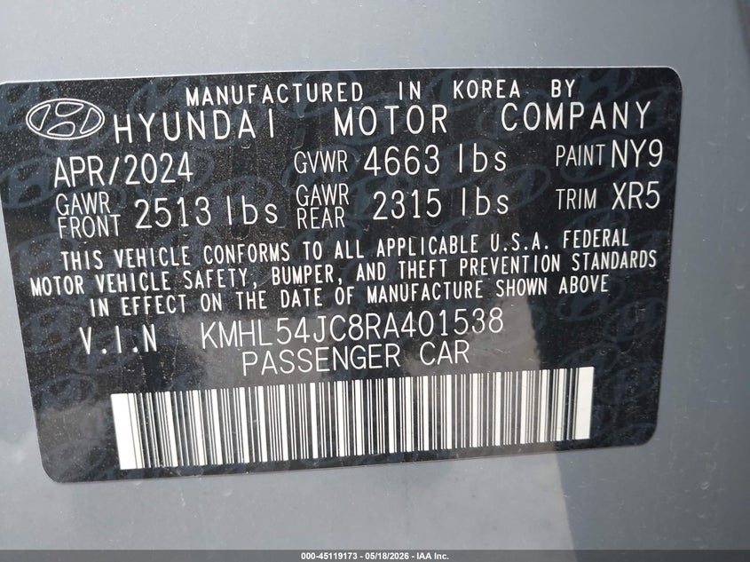 2024 Hyundai Sonata VIN KMHL54JC8RA401538 IAAI salvage auction — FRONT END, Certificate Of Destruction (Florida), sold $10,700 on 2026-07-29 (photo 9)