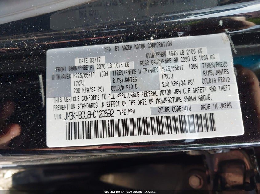 2017 Mazda Cx-5 VIN JM3KFBCL8H0120592 IAAI salvage auction — LEFT FRONT, Salvage Title, sold $3,450 on 2026-08-02 (photo 9)