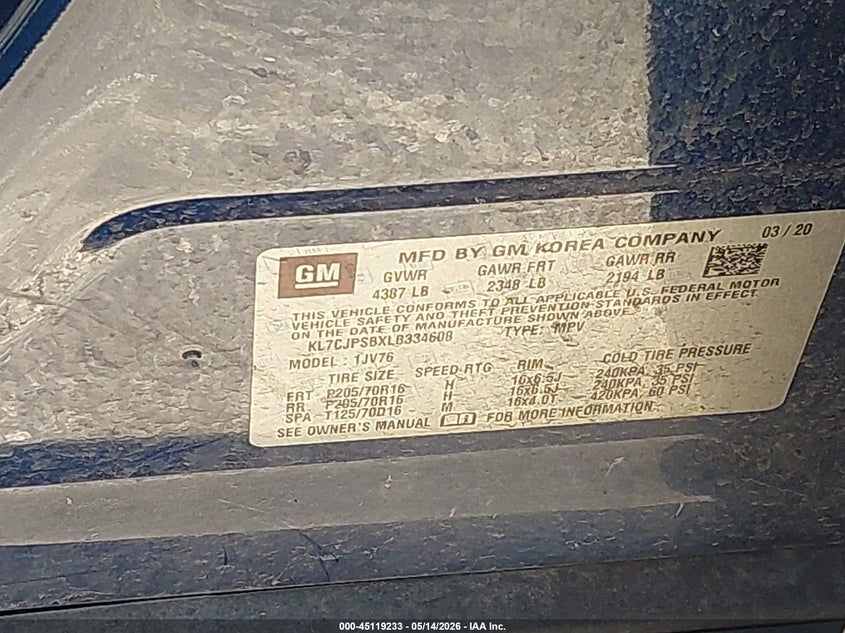 2020 Chevrolet Trax VIN KL7CJPSBXLB334608 IAAI salvage auction — FRONT END, Salvage (Indiana), sold $1,300 on 2026-07-23 (photo 9)
